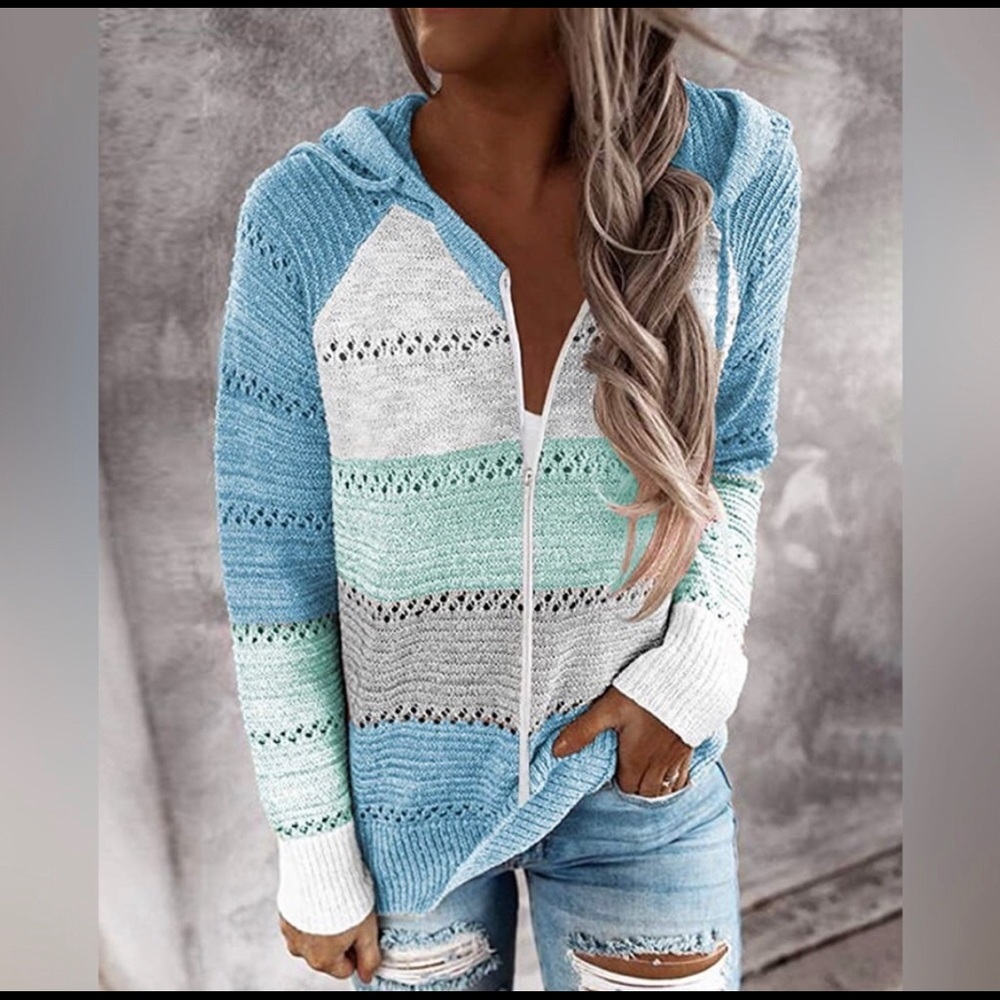 BTFBM Blue & White Zip Up Hooded Sweater NWOT!